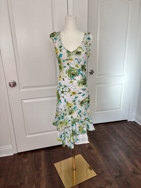 Lipstick Boutique White Floral Midi Dress with Green and Teal Accents